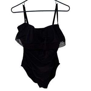 Black One Piece Ruffled Tank Swimsuit Kona Sol Large Removable Straps NWOT